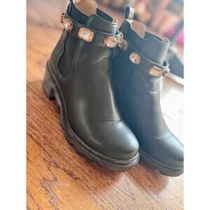 Black Chunky Lug Sole Ankle Boots w/ Rhinestone Strap – Size 9.5